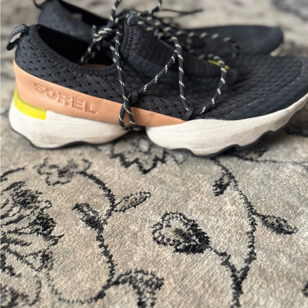Sorel Women's Black and Tan Sneakers with Yellow Accent
